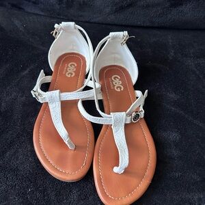 G by Guess White T-Strap Sandals with Tan Footbed